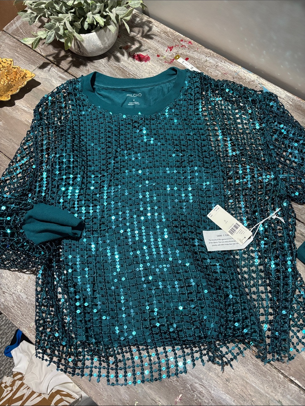 NWT Anthropologie Pilcro Sequin Shine Mesh Top - Teal / Turquoise - Size [S] - Picture 2 of 11